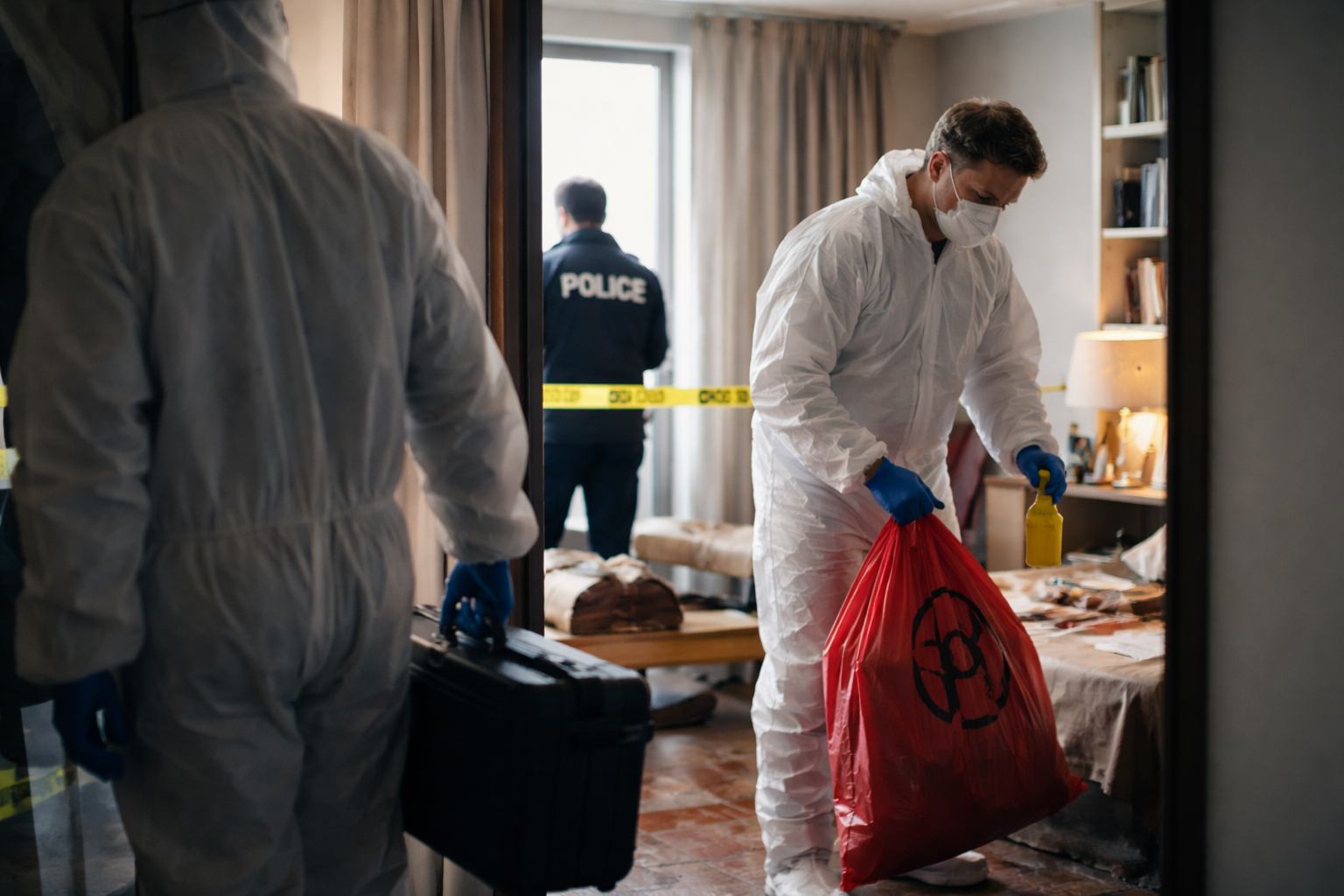 Équipe professionnelle intervenant avec discrétion dans un logement pour un nettoyage après décès confidentiel