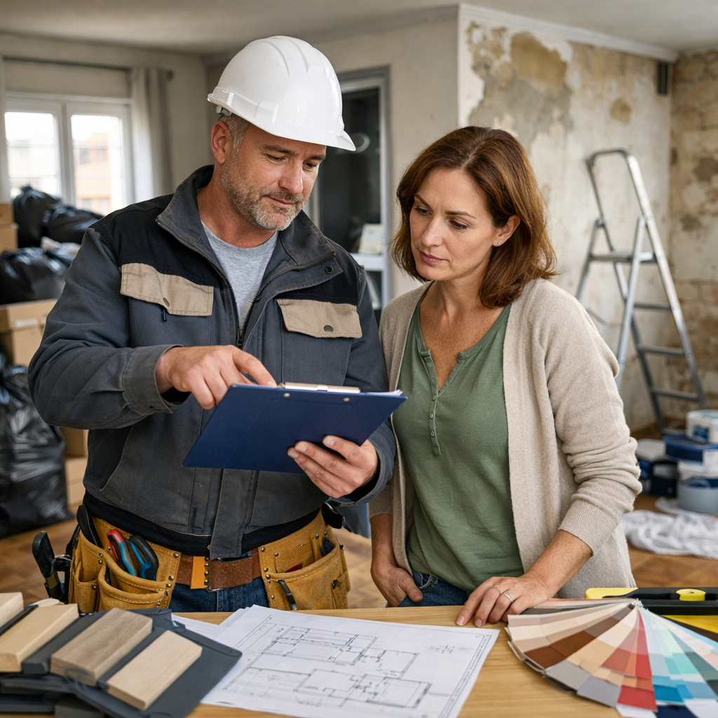 Professionnel du bâtiment et proche aidant préparant des travaux dans un logement assaini après un nettoyage lié au syndrome de Korsakoff
