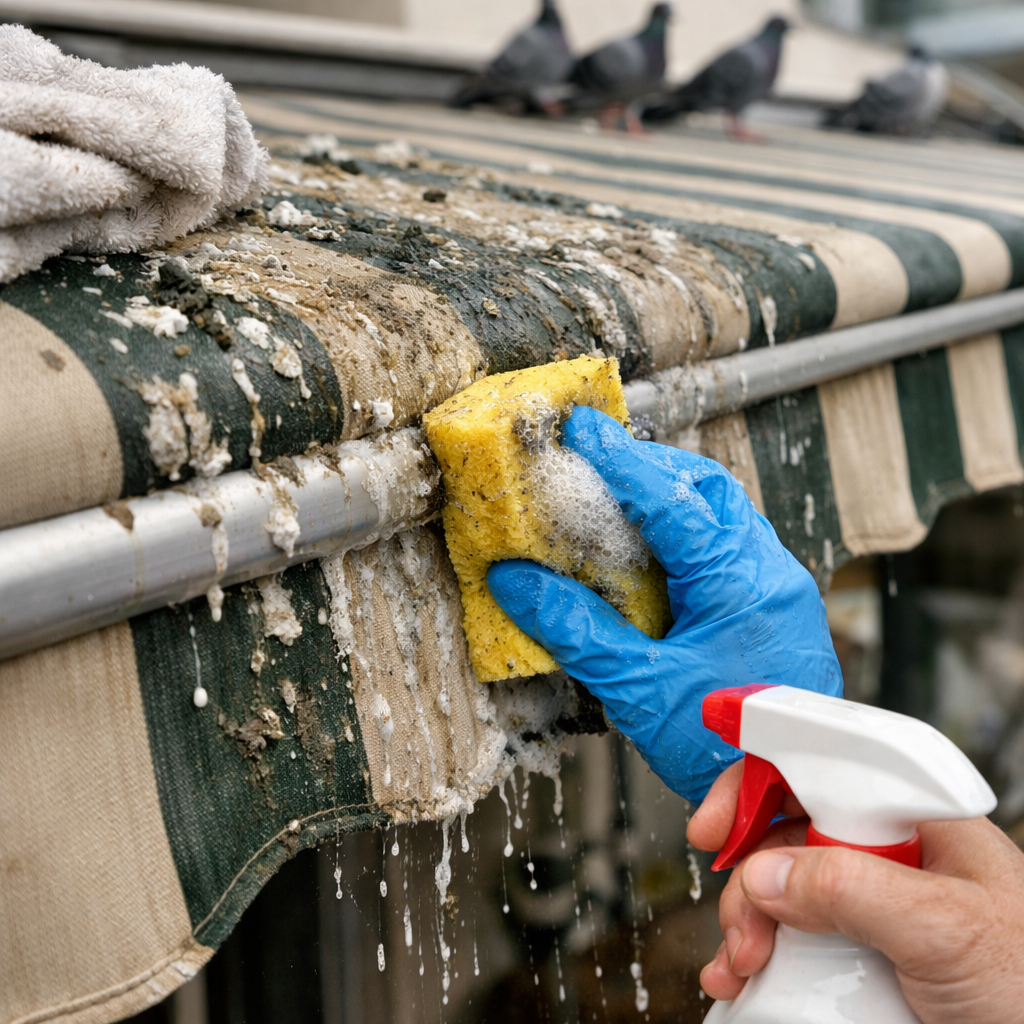 Nettoyage de fientes de pigeon sur un store extérieur avec une éponge et un pulvérisateur