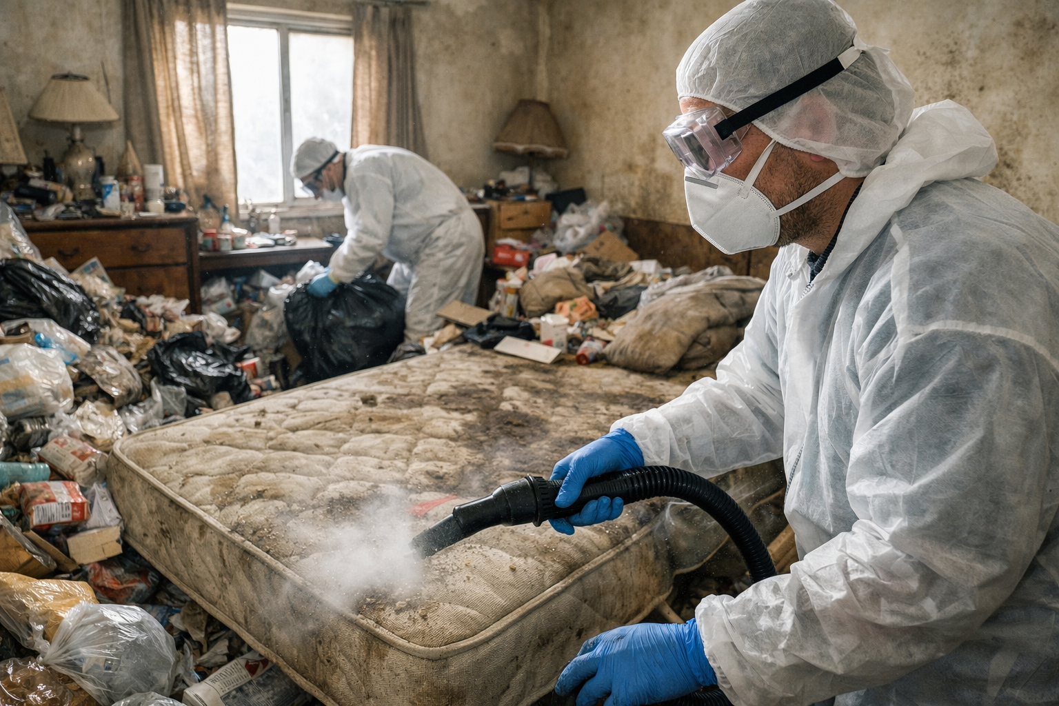 Intervenants en tenue de protection assainissant une chambre encombrée par le syndrome de Diogène avec tri des déchets et nettoyage du matelas