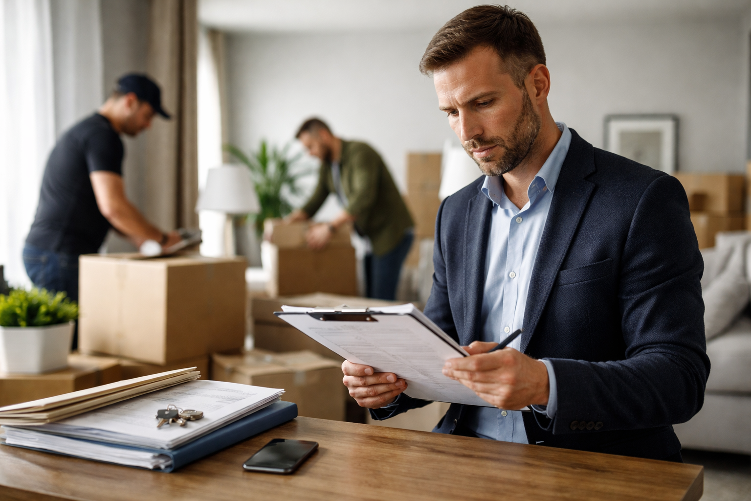 Gestionnaire immobilier analysant des documents dans un logement loué après le décès d’un locataire