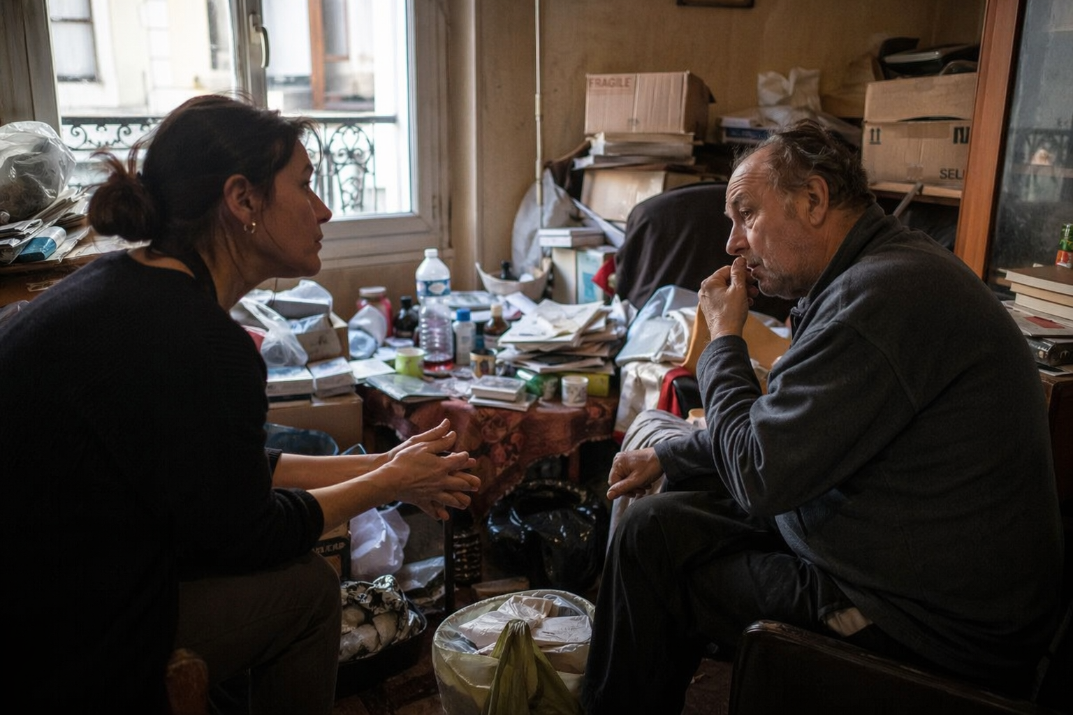 Accompagnement bienveillant d’un proche avant un nettoyage de logement après syndrome de Korsakoff dans un intérieur encombré