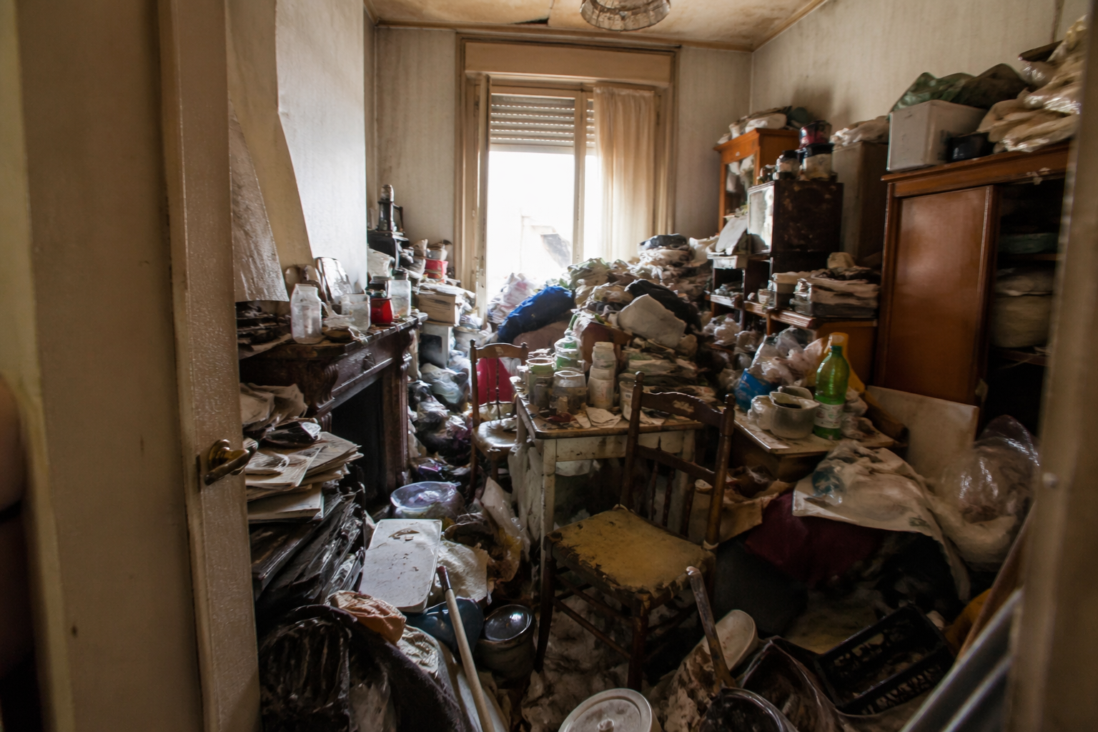 Logement encombré avec syndrome de Diogène montrant un niveau élevé d’accumulation et de saleté avant évaluation de sa récupérabilité