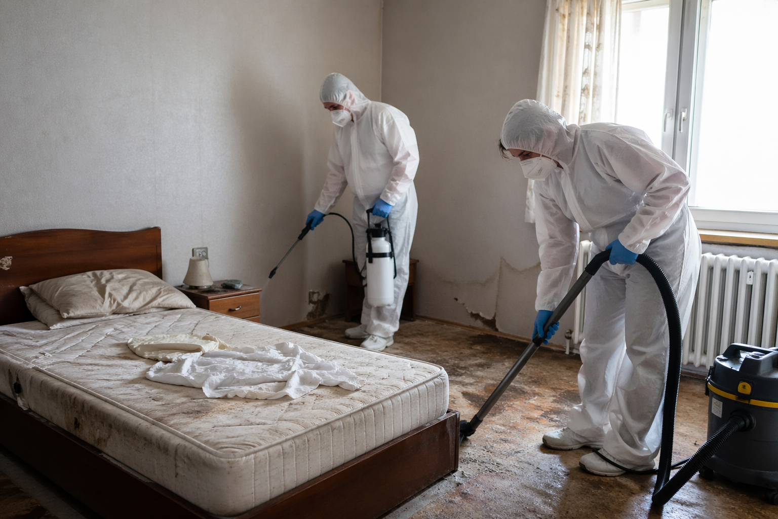 Deux professionnels en combinaison de protection réalisent un nettoyage après décès dans une chambre afin d’établir une intervention rapide et sécurisée.