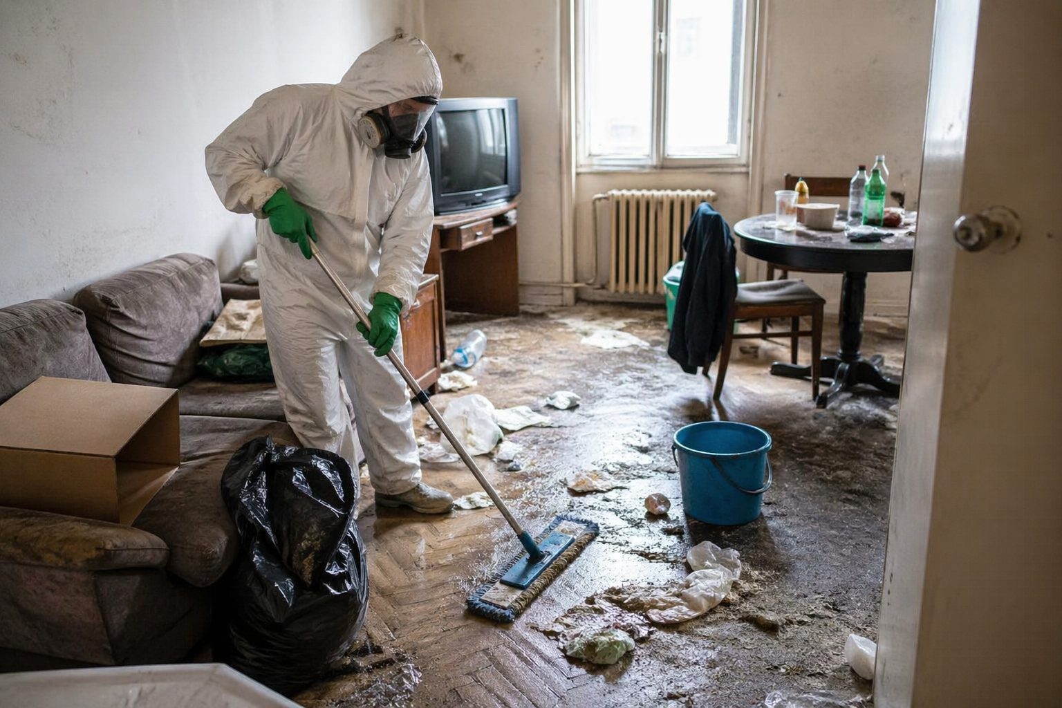 Nettoyage d’un logement encombré après syndrome de Korsakoff avec intervention professionnelle et tri pour réduire les coûts