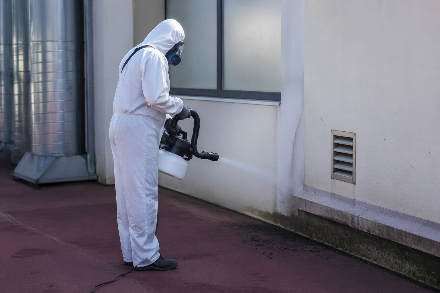 Technicien en combinaison de protection réalisant une désodorisation après le nettoyage de fientes de pigeon dans une zone technique extérieure