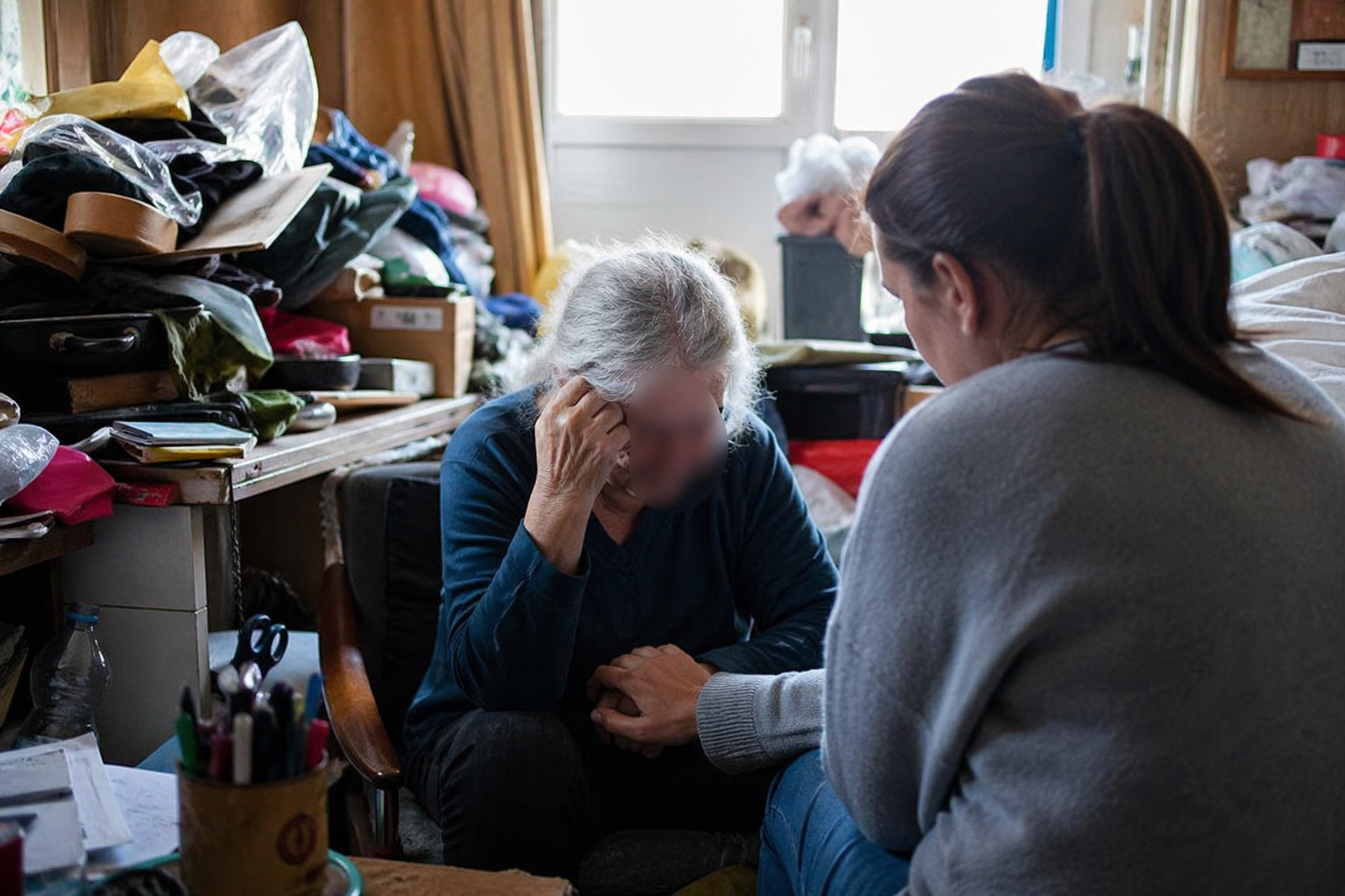 Intervenante accompagnant avec empathie une personne âgée dans un logement encombré lié au syndrome de Diogène