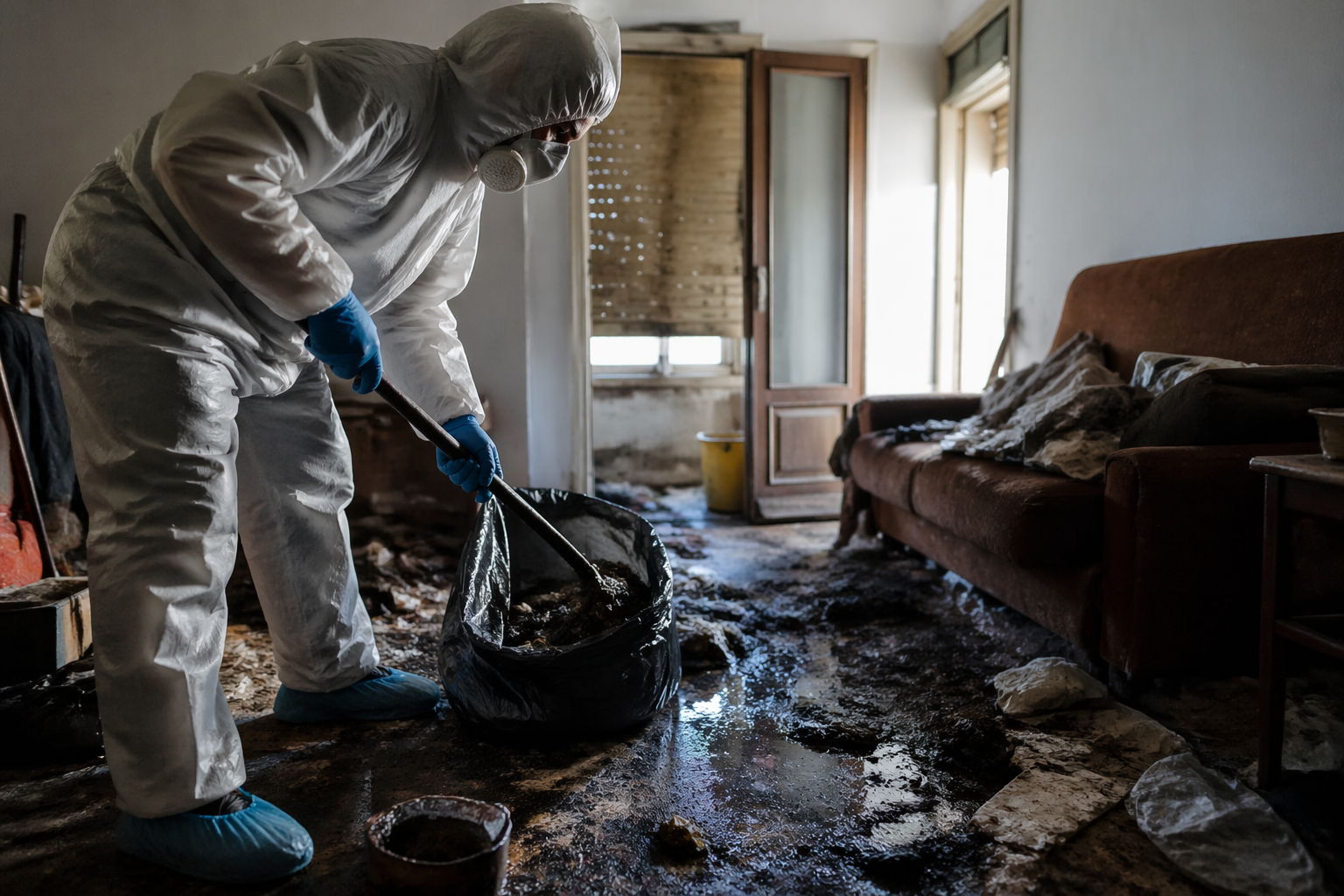 Technicien en tenue de protection réalisant une opération de nettoyage après décès dans un logement très dégradé et encombré