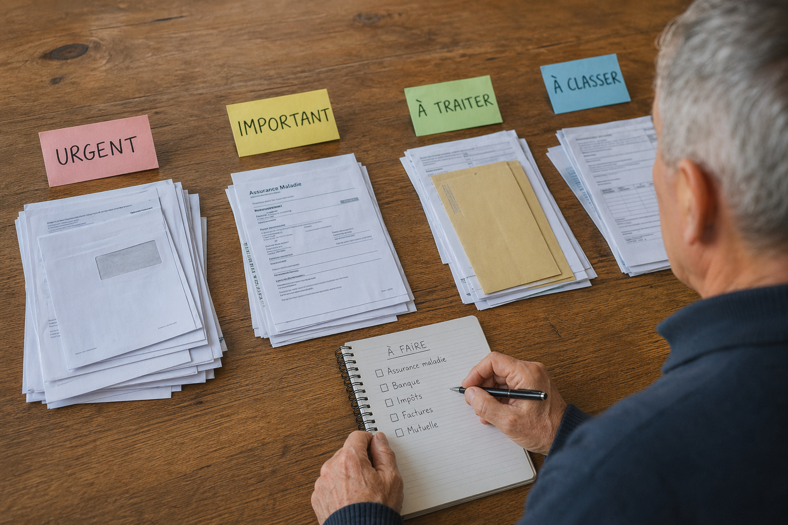 Personne âgée classant des documents administratifs par ordre de priorité après un syndrome de Korsakoff sur une table en bois