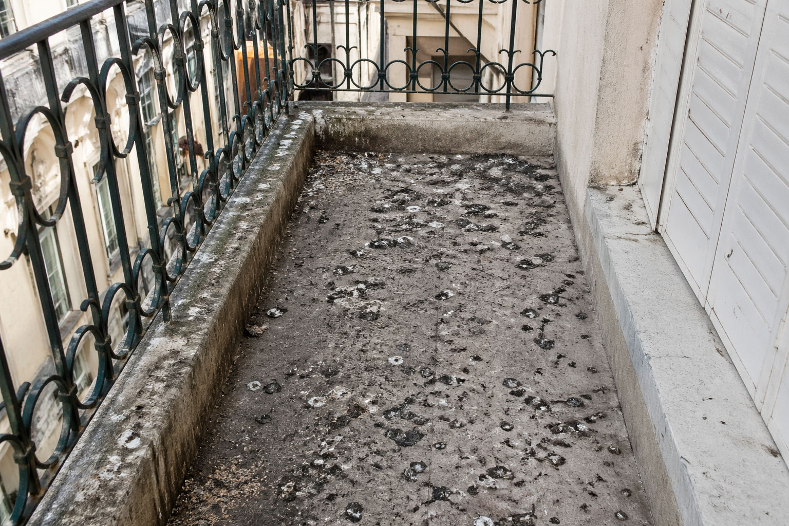 Balcon très encrassé par des fientes de pigeon avant nettoyage complet