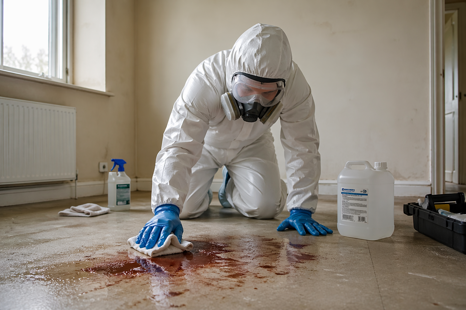 Technicien en combinaison de protection nettoyant un sol contaminé lors d’une intervention après décès