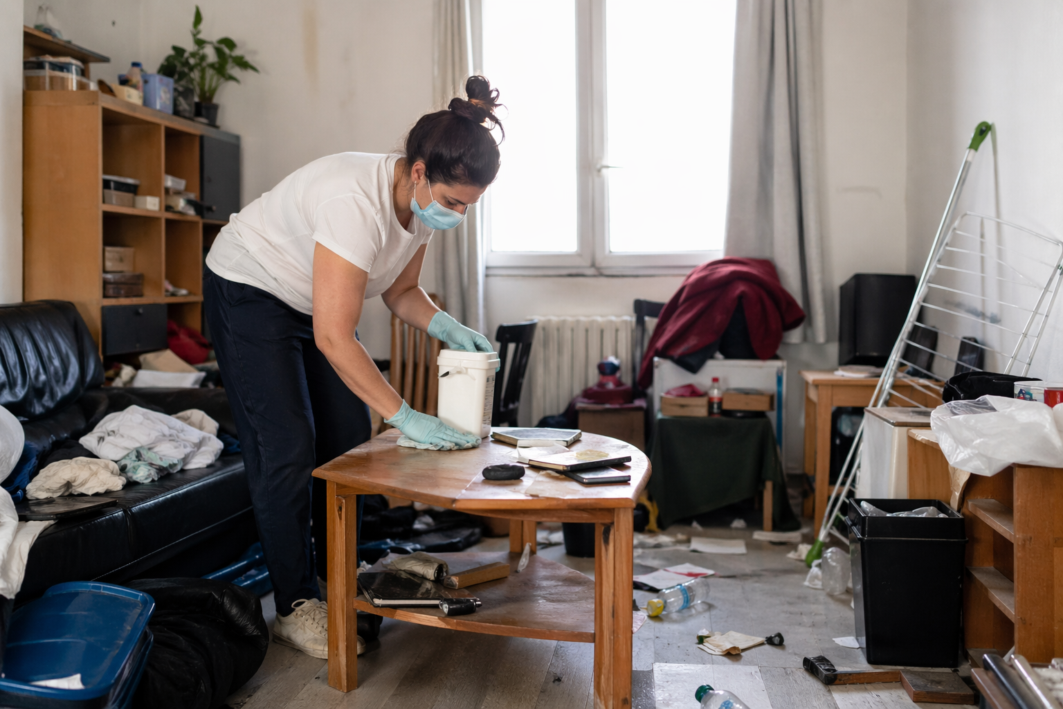 Femme nettoyant un salon encombré pour retrouver un logement sain après un syndrome de Korsakoff