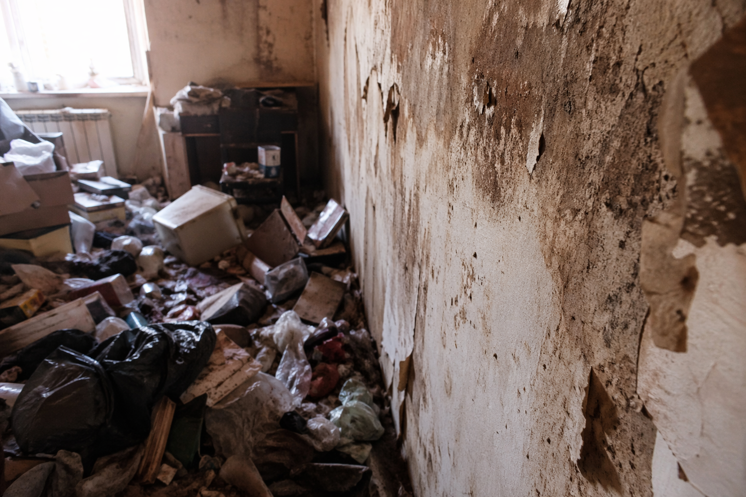 Mur très dégradé dans un logement touché par le syndrome de Diogène avant remise en état
