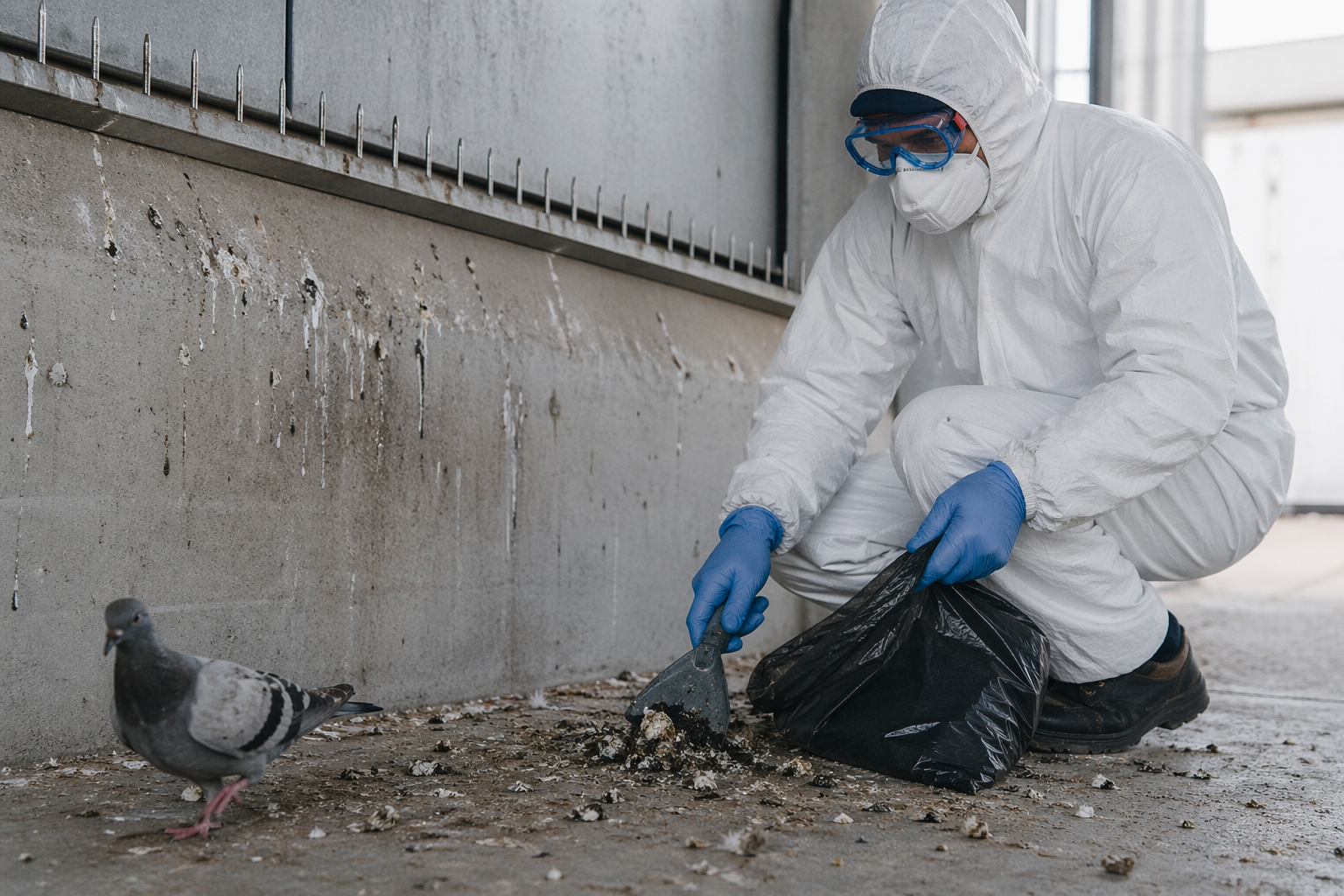 Technicien portant une combinaison, un masque, des gants et des lunettes pour nettoyer des fientes de pigeon en toute sécurité