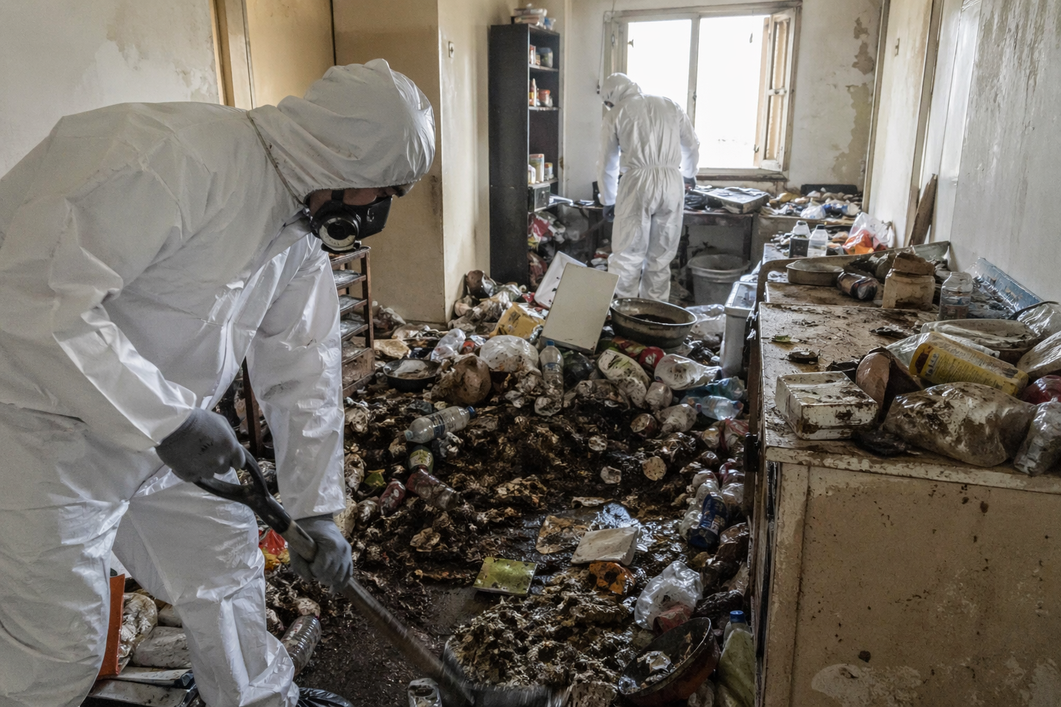Équipe en combinaison de protection réalisant une désinfection complète dans un logement très encombré après un syndrome de Diogène sévère