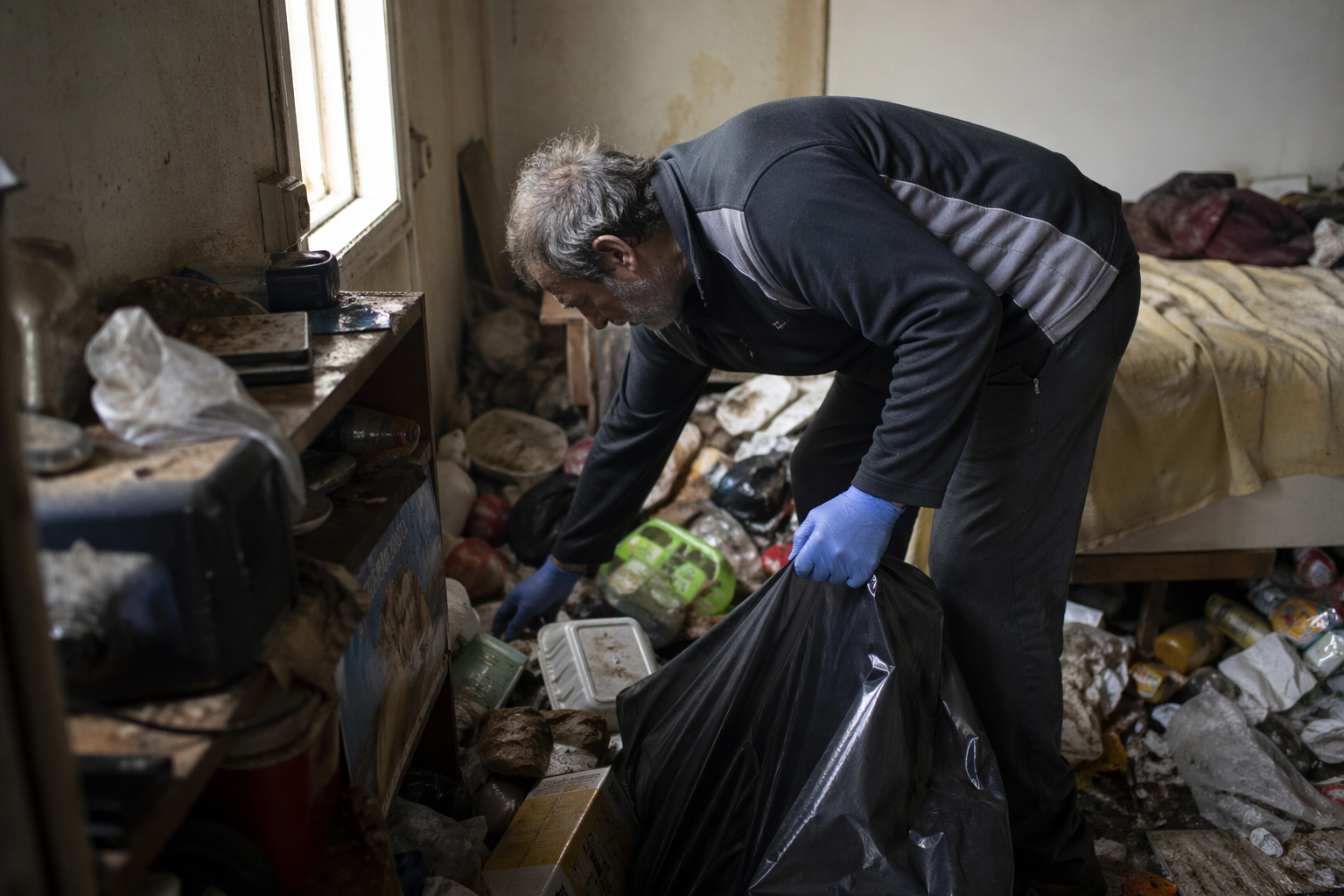 Personne nettoyant un logement encombré pour prévenir le retour de l’insalubrité après un syndrome de Korsakoff