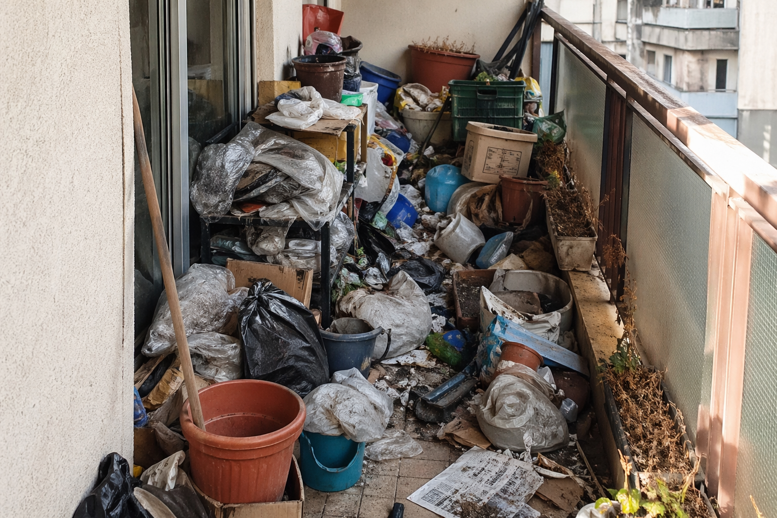 Balcon encombré avec sacs, pots et déchets dans un cas de syndrome de Diogène avant nettoyage