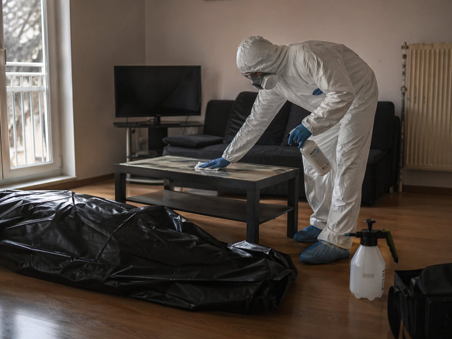 Technicien en combinaison de protection réalisant la désinfection des surfaces après un décès à domicile dans un salon