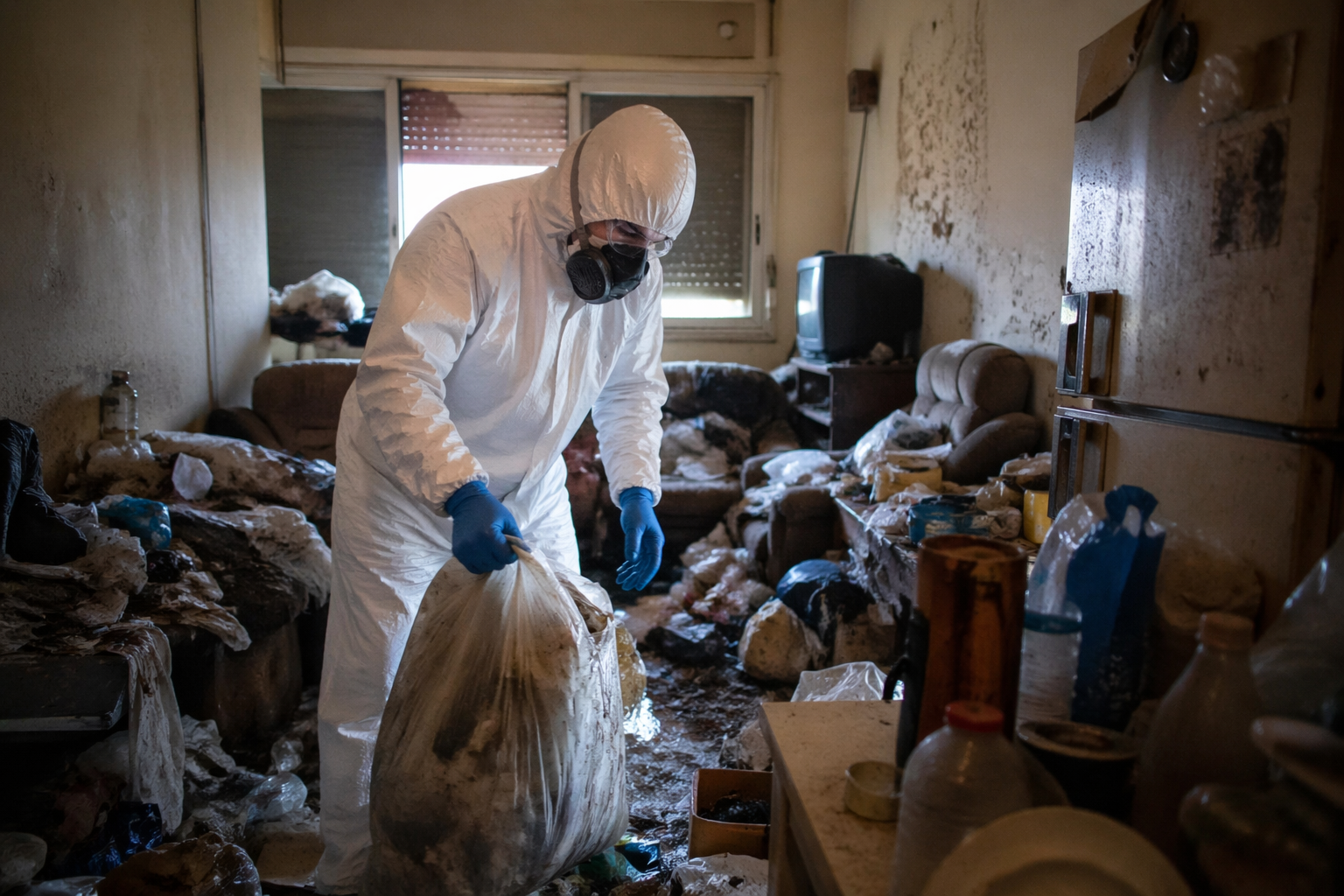 Intervenant portant des équipements de protection lors d’un nettoyage de syndrome de Diogène dans un logement très encombré
