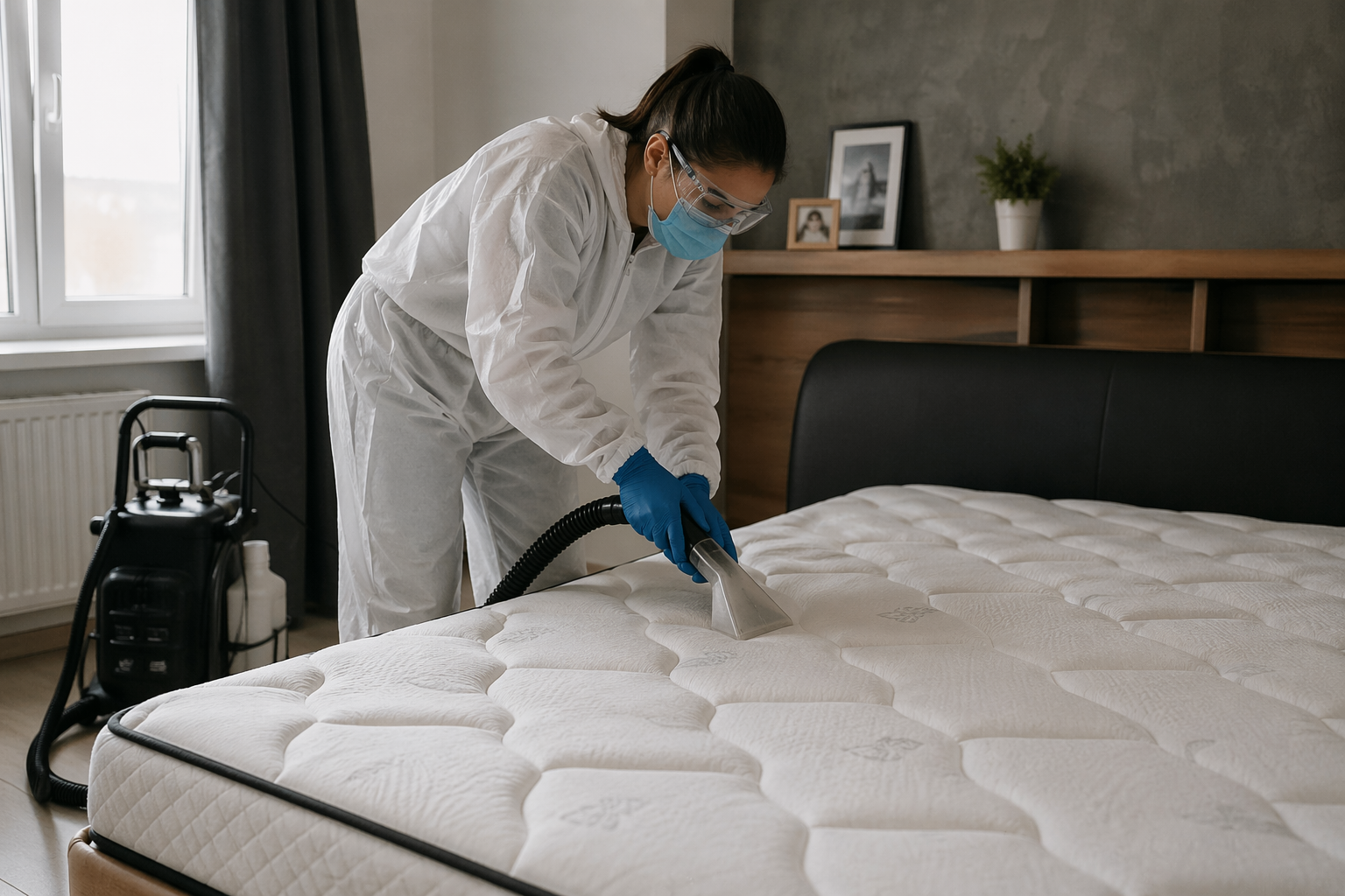 Technicien en tenue de protection nettoyant un matelas lors d’une intervention de traitement des textiles après décès