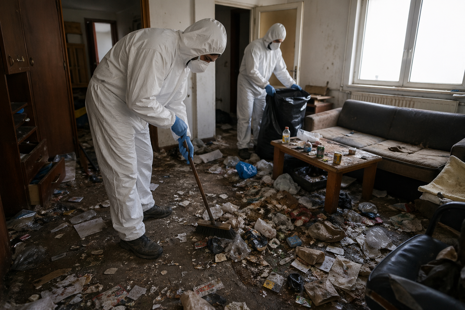 Professionnels en cours de nettoyage d’un logement très encombré après syndrome de Korsakoff pour réduire les coûts de remise en état