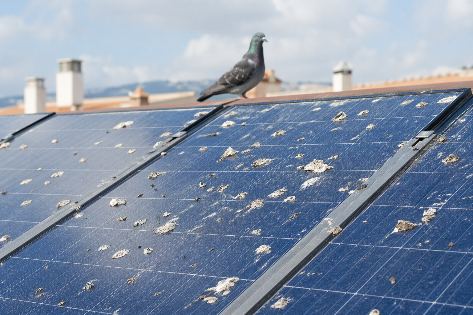 Panneaux solaires sur un toit souillés par des fientes de pigeon avant nettoyage