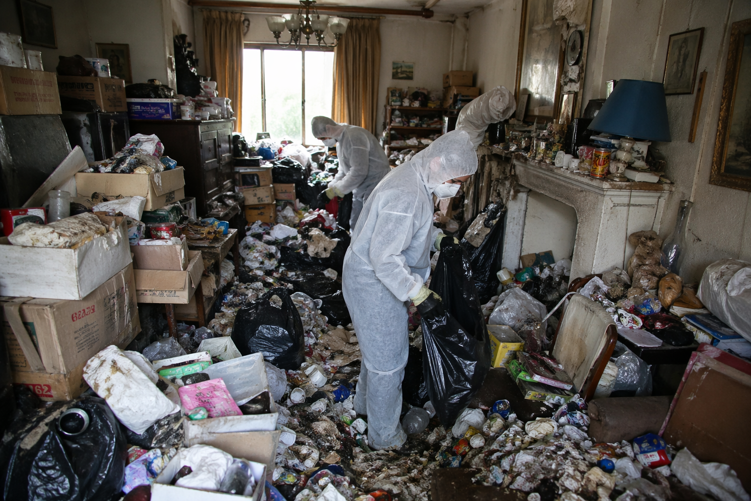 Réhabilitation d’un logement inhabitable touché par un syndrome de Diogène avec intervention de nettoyage et débarras dans un intérieur très encombré
