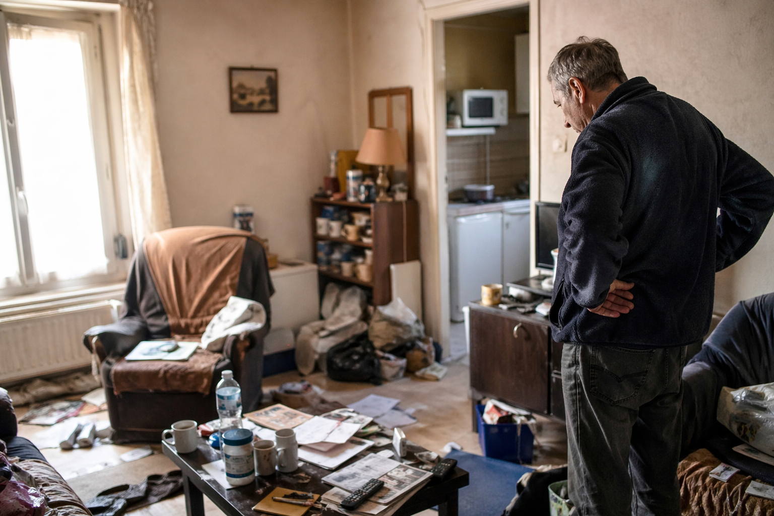 Appartement encombré avec un homme âgé observant un salon en désordre lors de la préparation d’un débarras après syndrome de Korsakoff