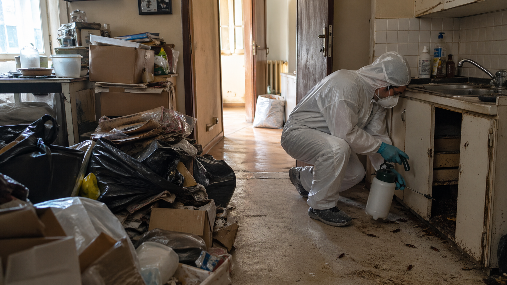 Technicien en désinsectisation intervenant dans un logement encombré après un syndrome de Diogène, avec présence de cafards dans la cuisine