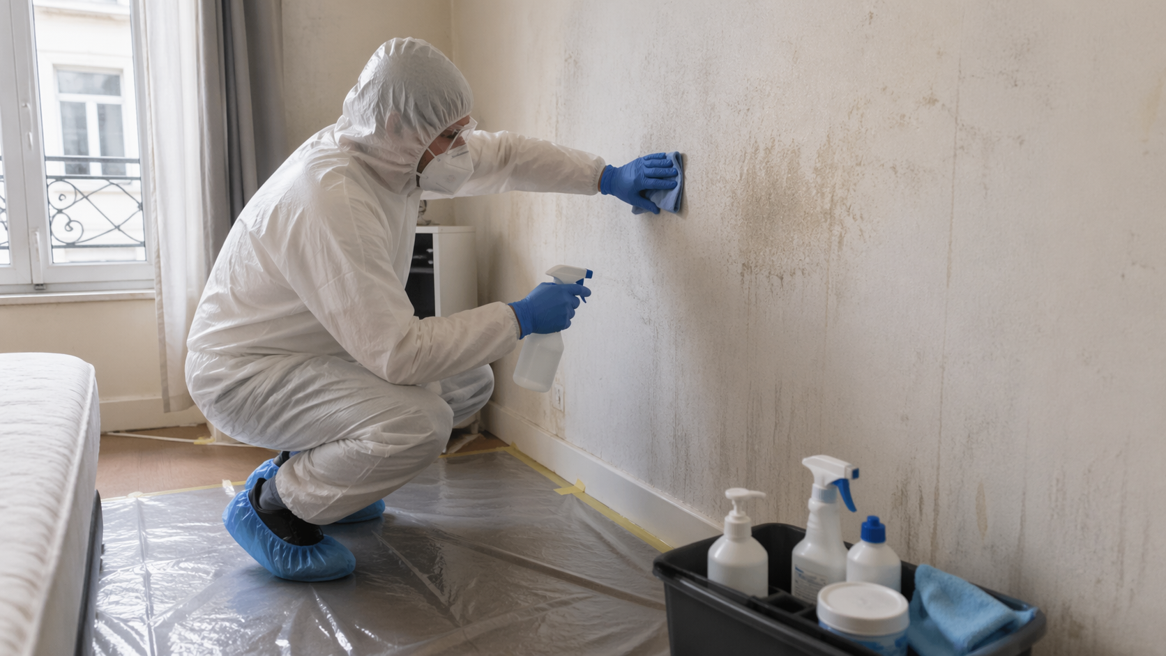 Professionnel en combinaison de protection nettoyant un mur souillé lors d’un nettoyage après décès