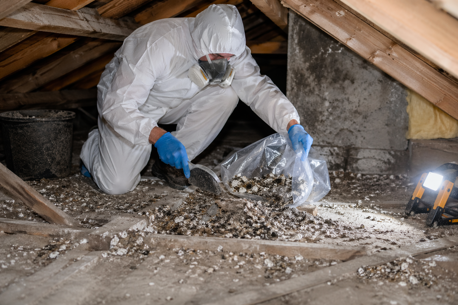 Nettoyage de fientes de pigeon dans des combles difficiles d’accès par un technicien équipé d’une combinaison de protection