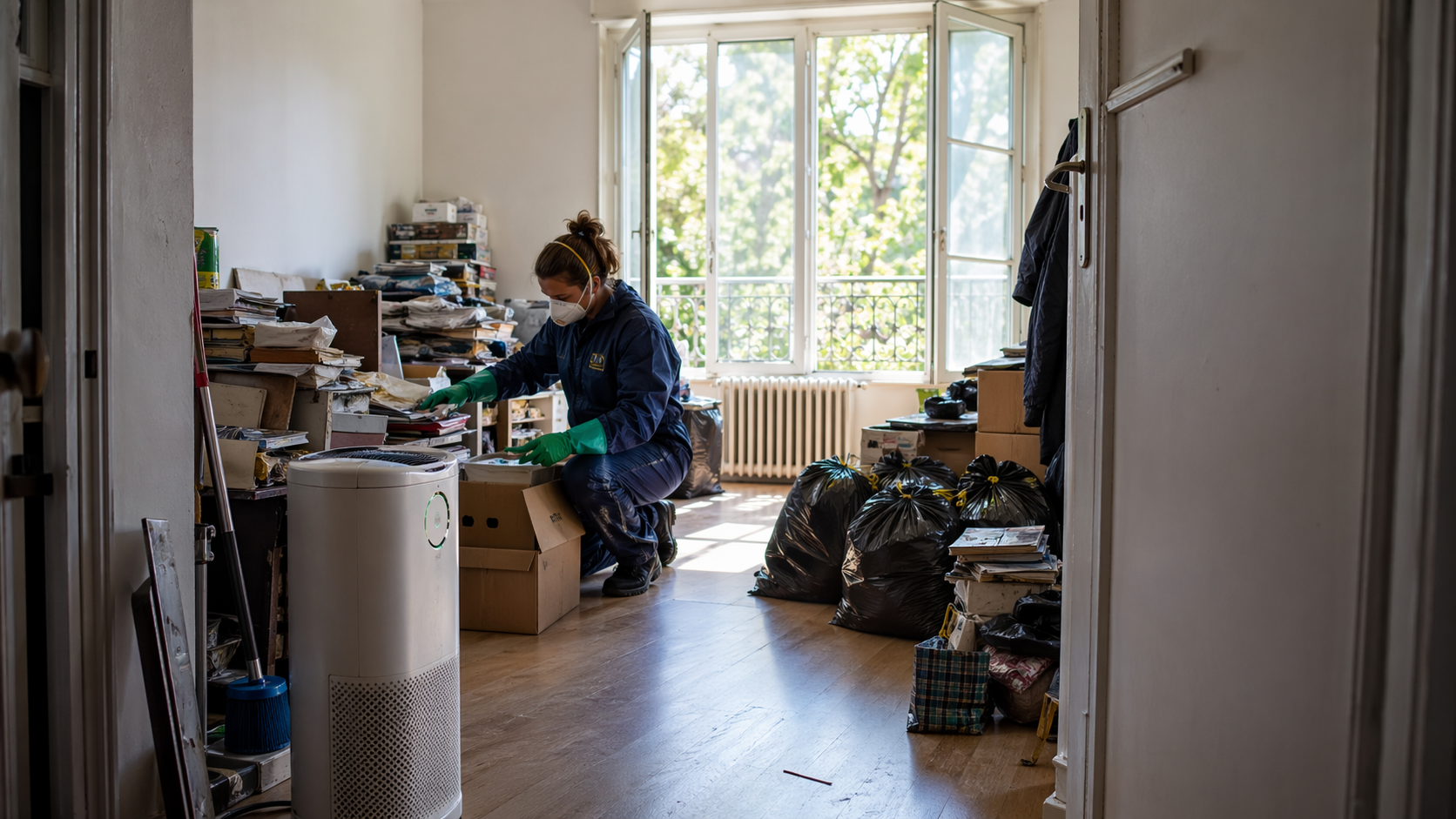 Professionnelle en tenue de protection assainissant l’air d’un logement fermé touché par le syndrome de Diogène avec aération, tri et purification de l’air