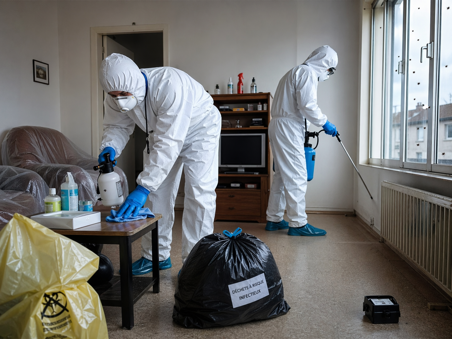 Techniciens en combinaison de protection réalisant un nettoyage après décès avec désinfection et désinsectisation dans un logement