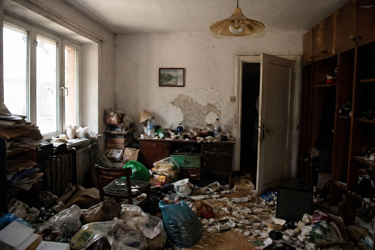 Logement dégradé envahi par des déchets et du désordre, illustrant les critères pour juger si un habitat lié au syndrome de Korsakoff reste récupérable