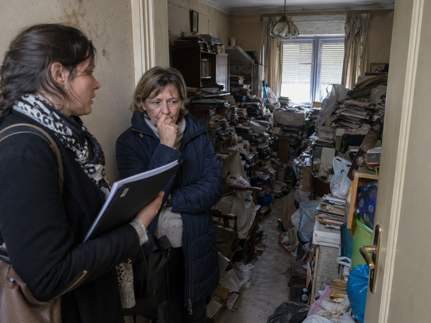 Appartement très encombré lié au syndrome de Diogène lors d’une visite immobilière, montrant pourquoi l’état du logement peut bloquer une vente