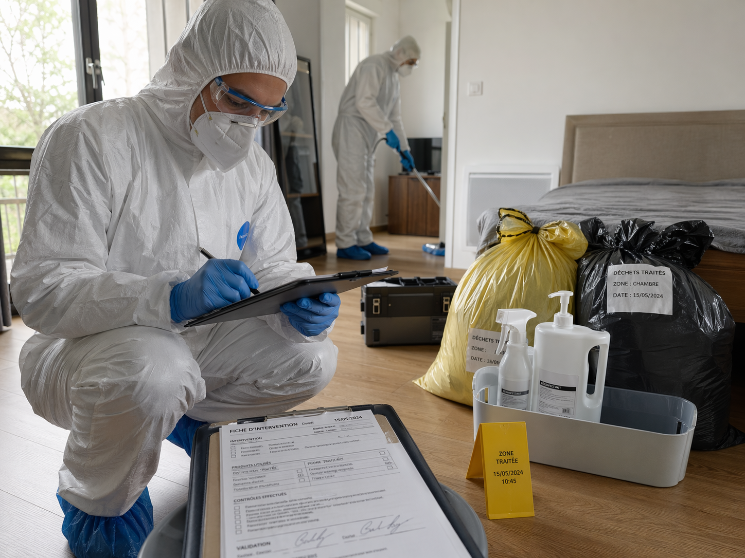Technicien en combinaison de protection remplissant une fiche de traçabilité lors d’un nettoyage après décès dans une chambre