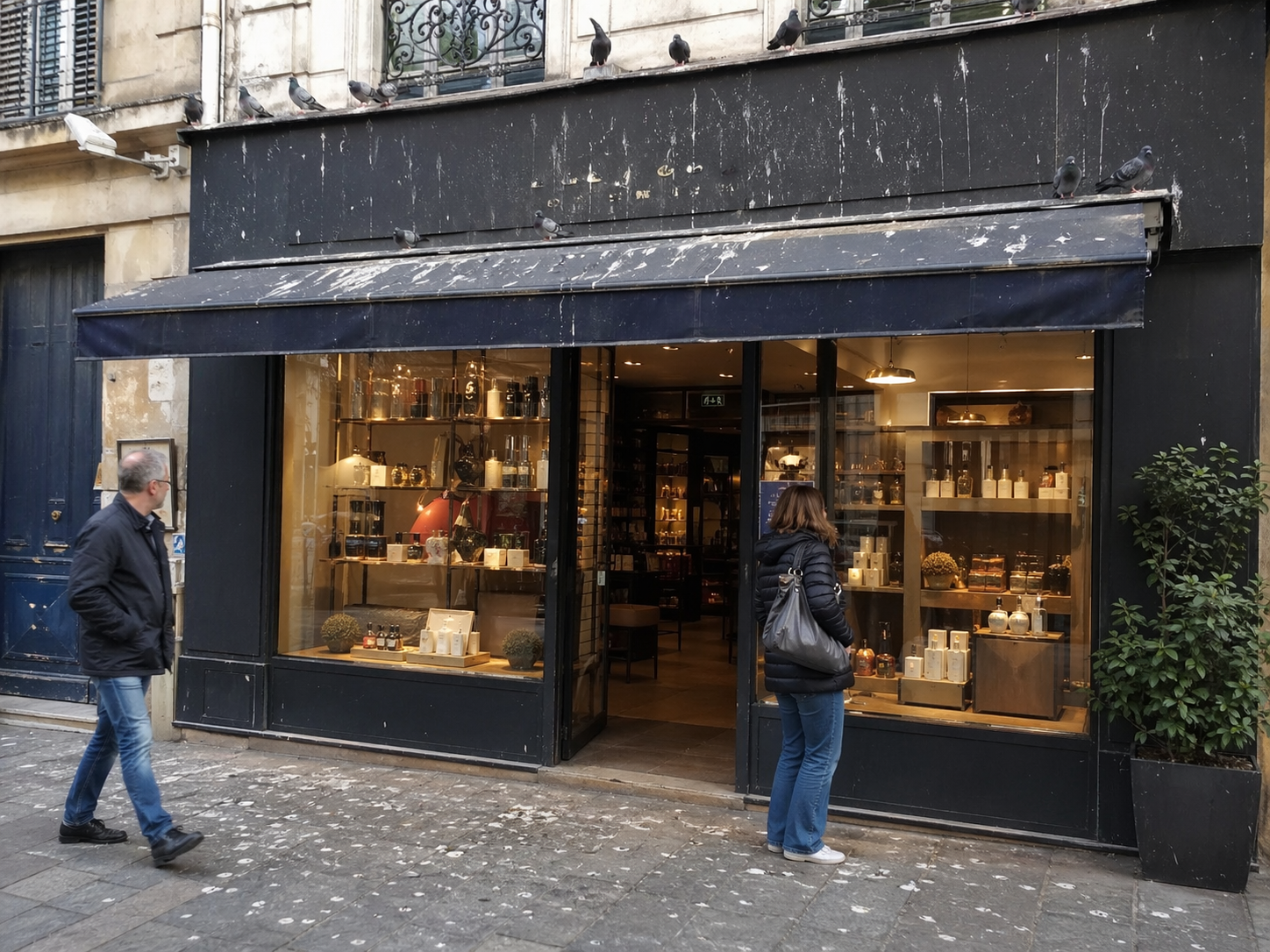 Devanture de commerce salie par des fientes de pigeon nuisant à l’image de la boutique