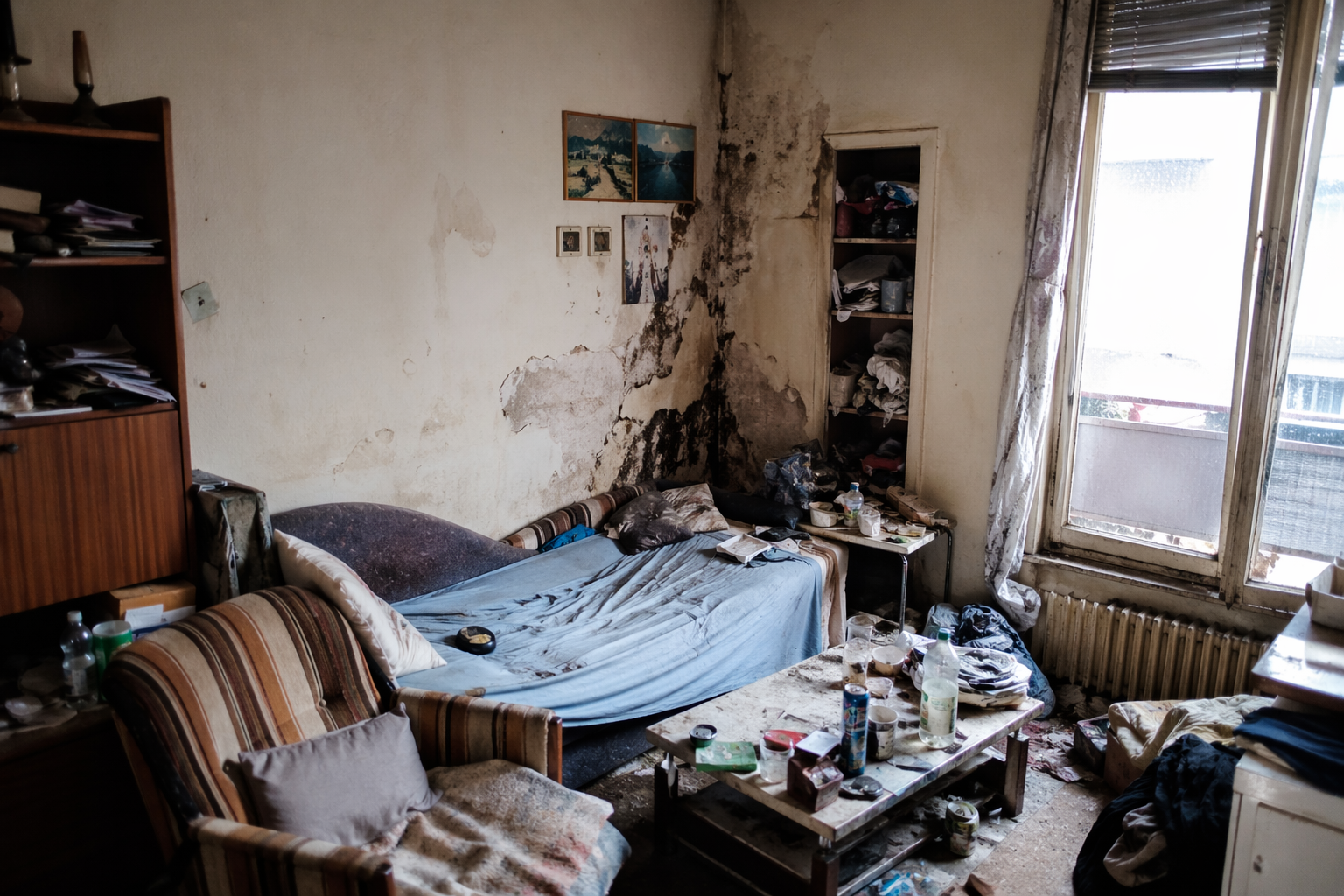 Logement très dégradé lié au syndrome de Korsakoff avec encombrement, saleté et murs abîmés, illustrant l’évaluation de la récupérabilité du bien