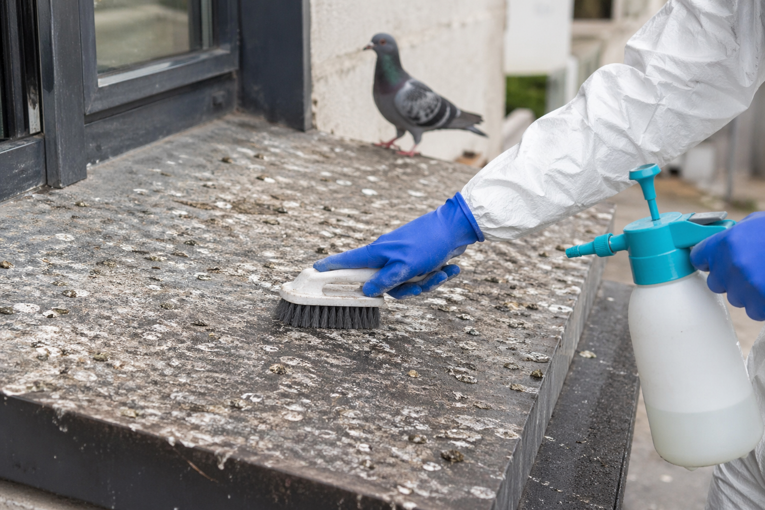 Nettoyage de fientes de pigeon sur un rebord de fenêtre avec équipement de protection et pulvérisateur