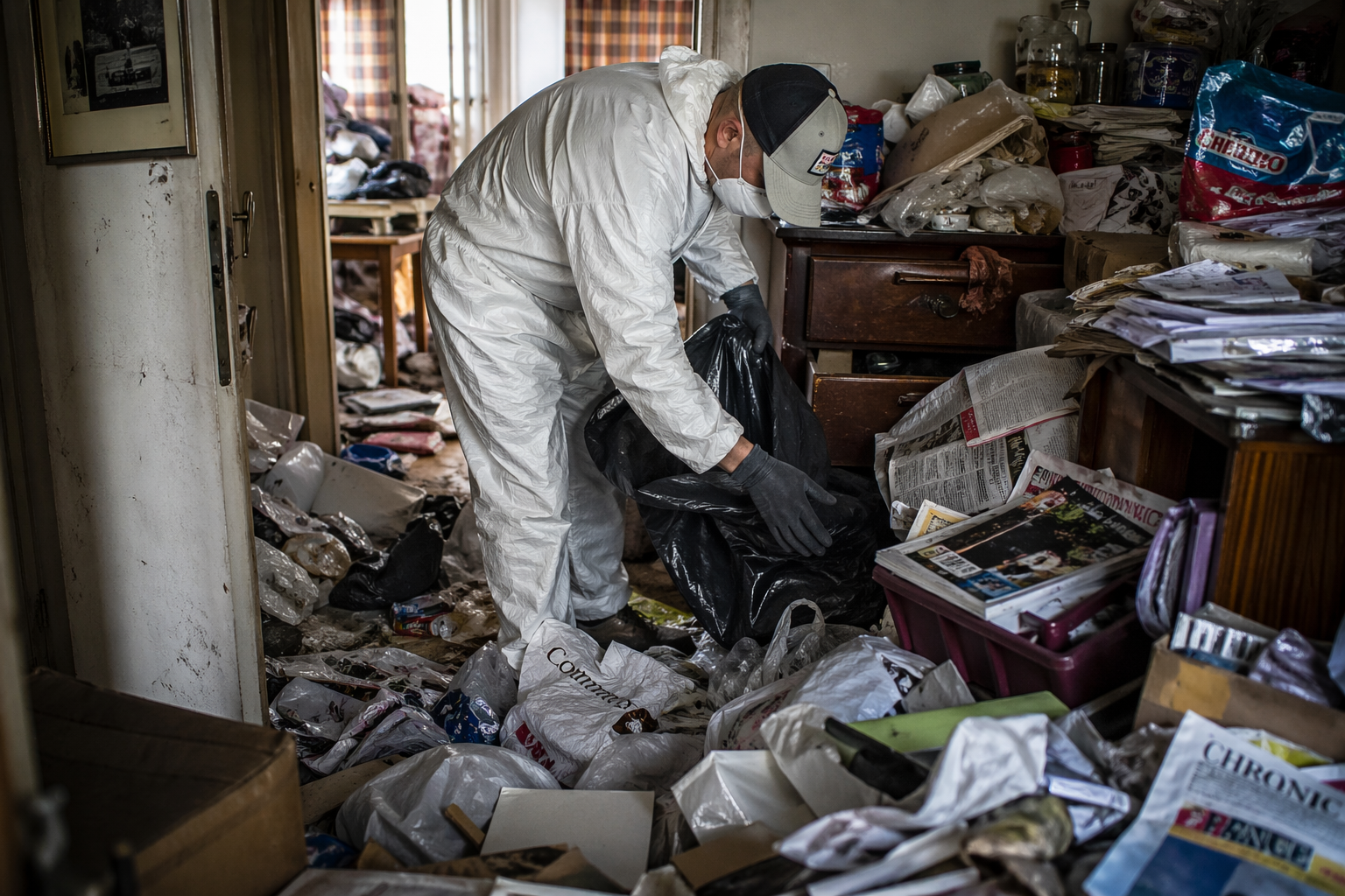 Intervention de nettoyage d’un logement touché par le syndrome de Diogène avec un technicien en combinaison de protection dans une pièce très encombrée