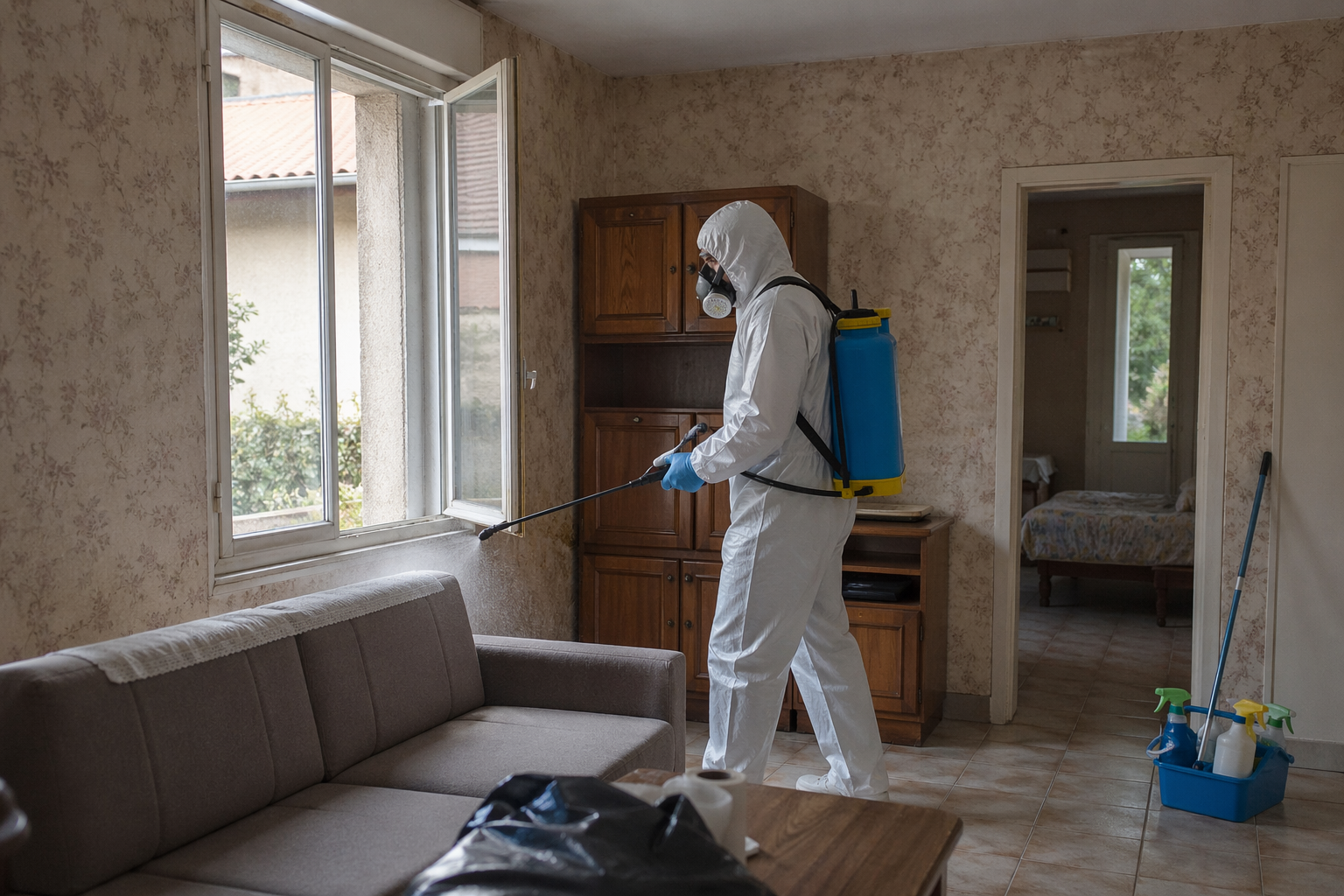 Technicien en combinaison de protection en train d’assainir un pavillon après un nettoyage après décès dans un salon lumineux