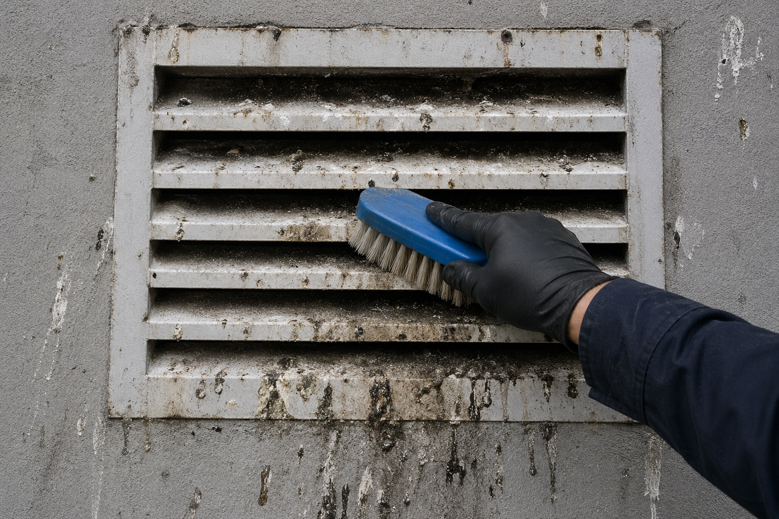 Main gantée nettoyant des fientes de pigeon sur une grille d’aération extérieure avec une brosse