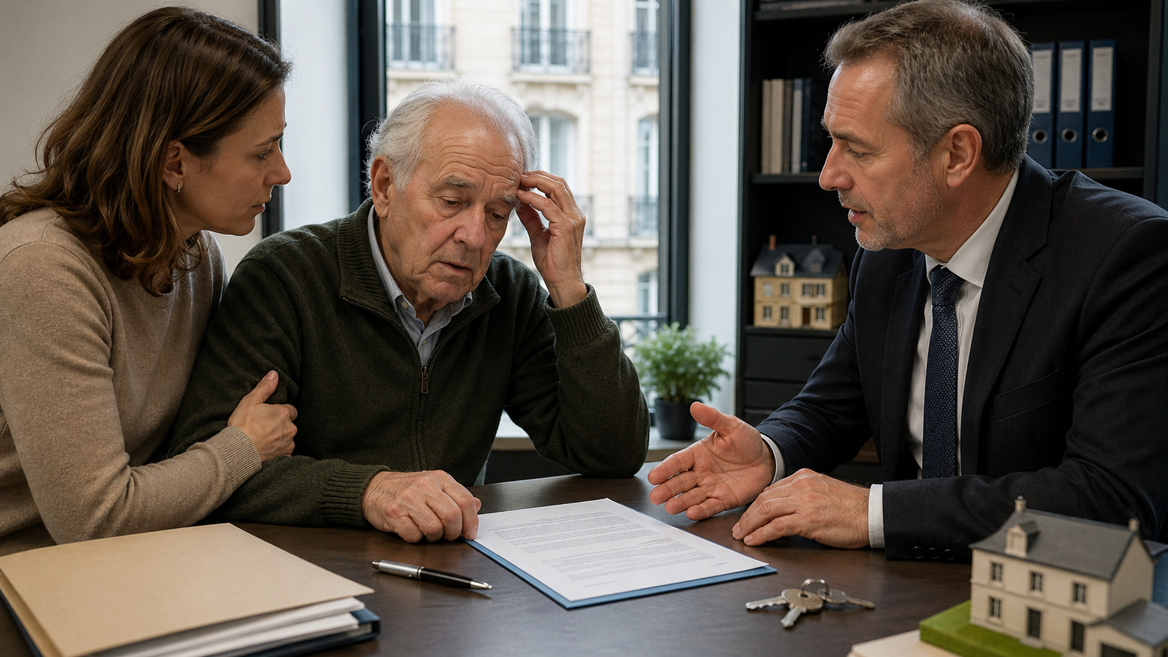 Homme âgé atteint de troubles cognitifs accompagné par une proche face à un notaire lors d’une vente immobilière bloquée par un doute sur son consentement.