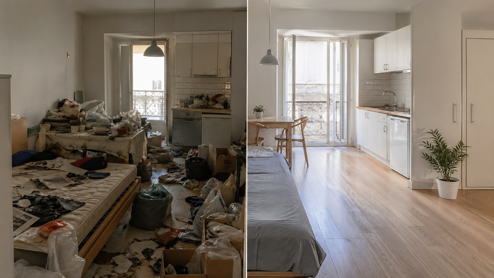 Remise en état d’un studio après un syndrome de Diogène avec comparaison avant après entre logement encombré et espace propre