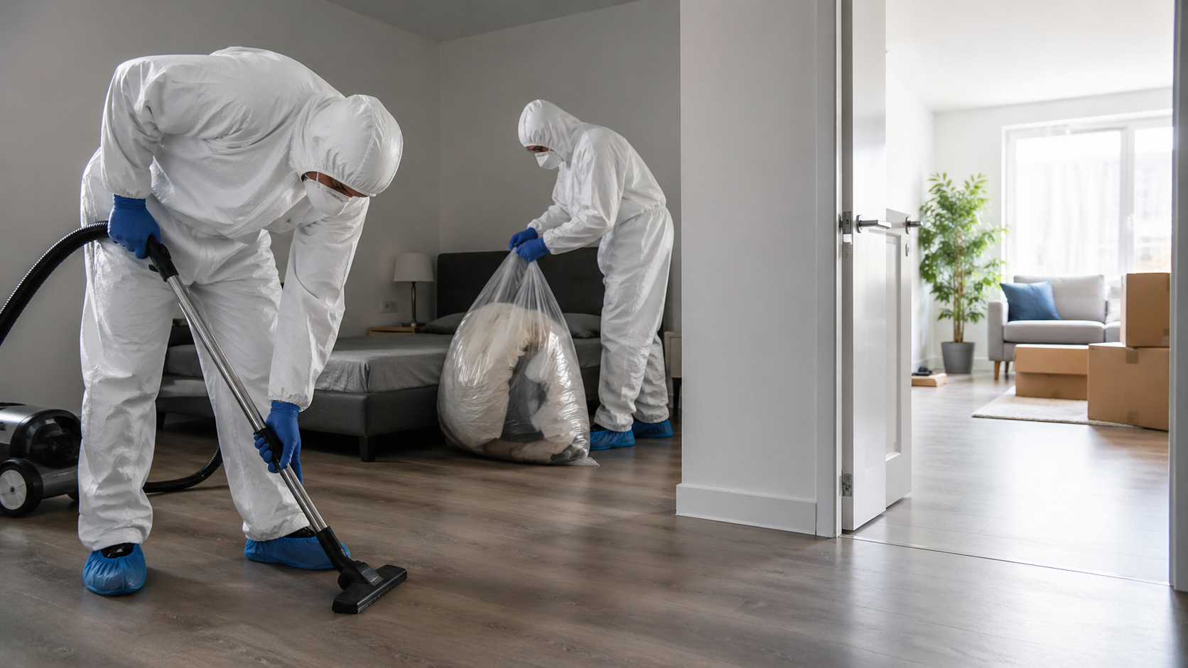 Techniciens en combinaison de protection réalisant un nettoyage après décès dans un logement pour sécuriser les futurs occupants