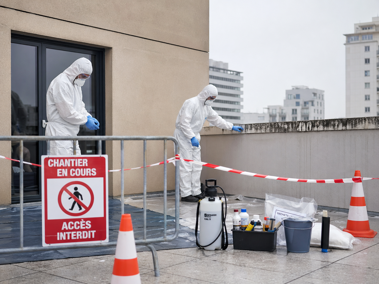Techniciens en combinaison de protection sécurisant un chantier avant le nettoyage de fientes de pigeon sur une terrasse d’immeuble.