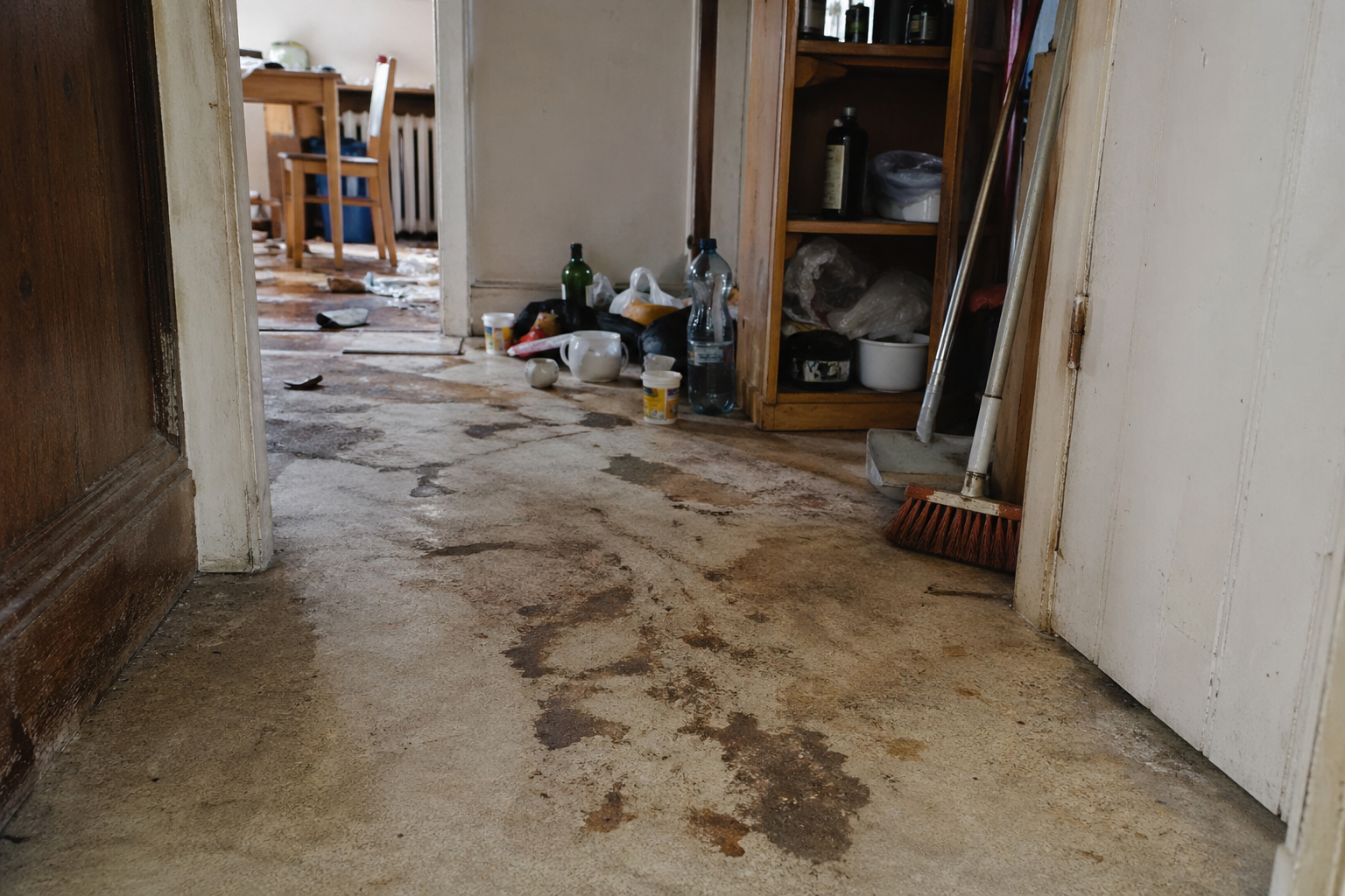 Sol très taché dans un logement encombré nécessitant un nettoyage spécialisé lié au syndrome de Korsakoff