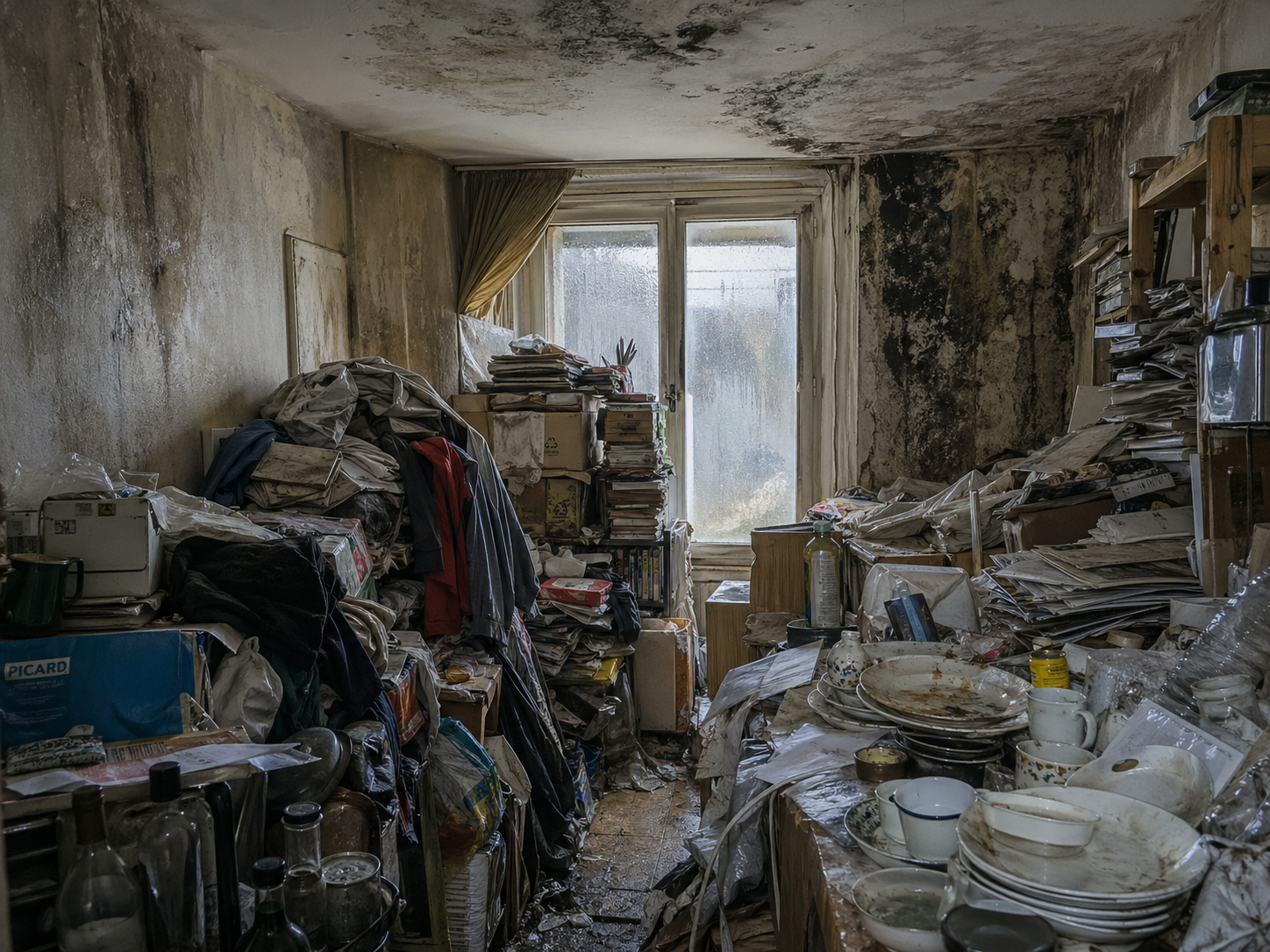 Logement touché par le syndrome de Diogène avec humidité, moisissures sur les murs et accumulation d’objets