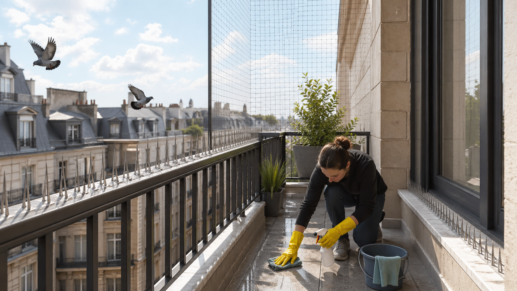 Prévention des fientes de pigeon sur un balcon avec filet de protection, pics anti-pigeons et nettoyage du sol