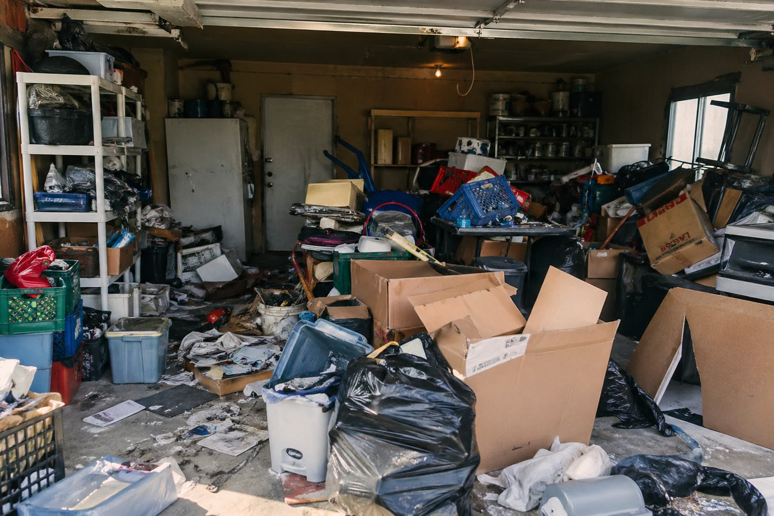 Nettoyage d’un garage très encombré dans un cas de syndrome de Korsakoff avec cartons, sacs et objets accumulés